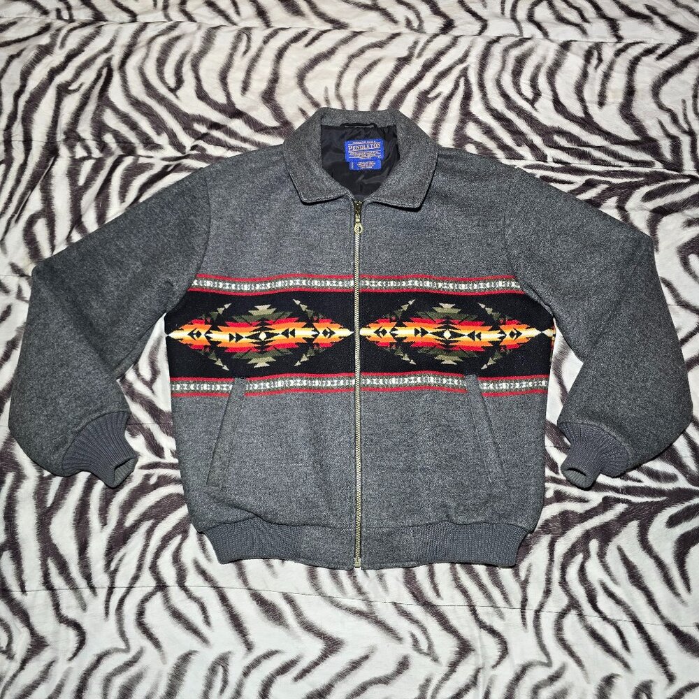 Pendleton High Grade Western Wear aztec wool bomber jacket size mens L gray VTG